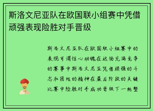斯洛文尼亚队在欧国联小组赛中凭借顽强表现险胜对手晋级